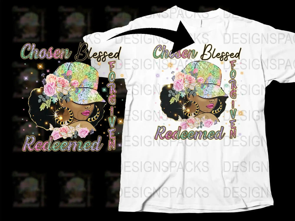 Chosen Blessed Forgiven Redeemed T-Shirt, Floral Hat Woman Graphic Tee, Spiritual Positive Message Shirt, Stylish Faith Apparel