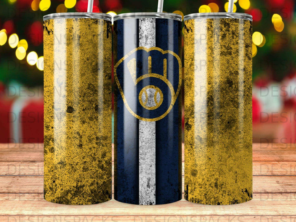 Milwaukee Brewers logo on distressed, gold-flecked tumbler.