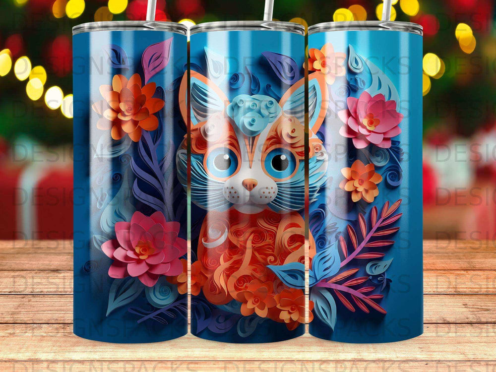 Blue tumbler with orange and blue cat, flowers, and foliage design.