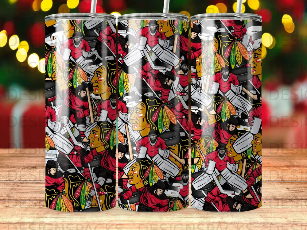 Chicago Blackhawks hockey players and pucks pattern on a tumbler.