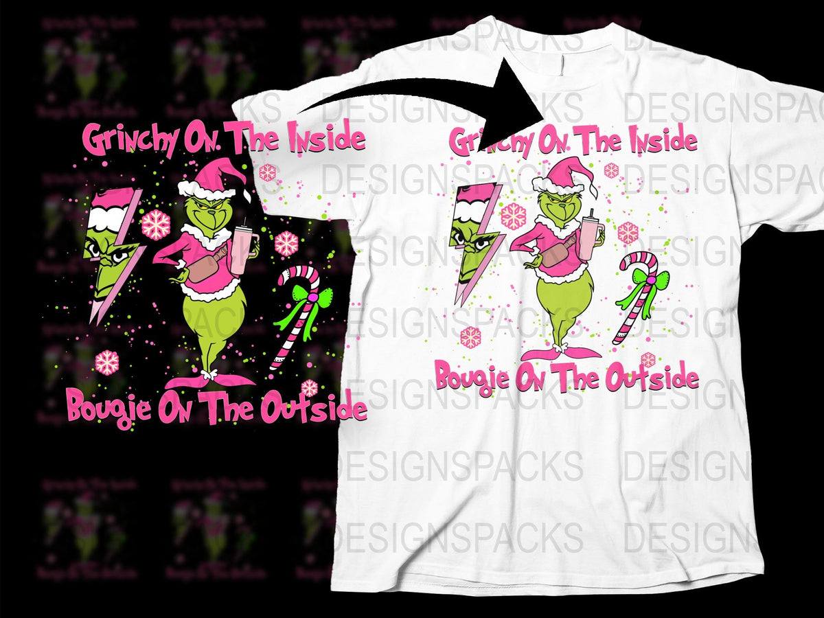 Grinchy on the Inside Bougie on the Outside T-Shirt, Funny Christmas Holiday Tee, Unisex Graphic Shirt with Pink Grinch Design