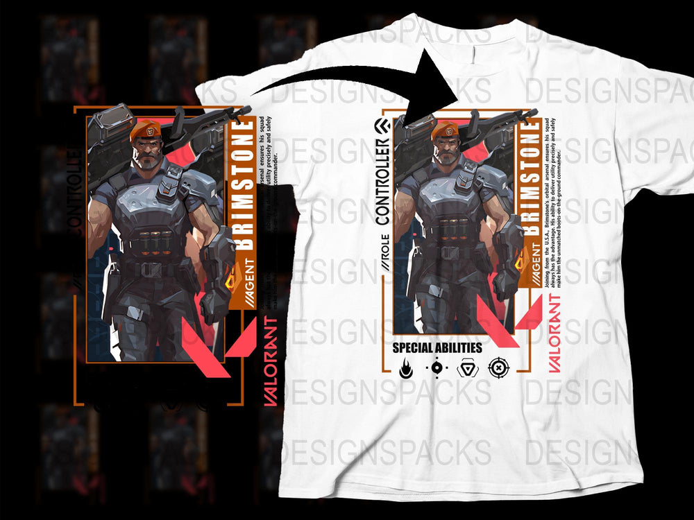 Valorant Brimstone Graphic T-Shirt, Agent Character Design Tee, Gaming Apparel, Unisex Cotton Shirt, Gift for Gamers