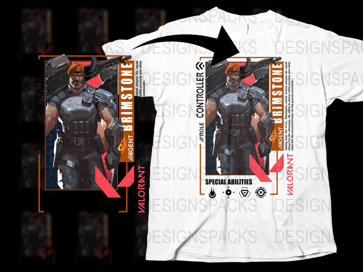 Valorant Brimstone Graphic T-Shirt, Agent Character Design Tee, Gaming Apparel, Unisex Cotton Shirt, Gift for Gamers