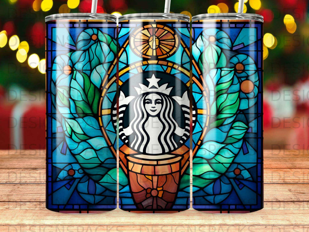 Starbucks logo in stained glass design on a blue tumbler.