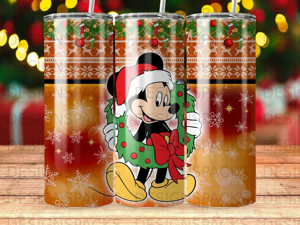 Mickey Mouse wearing a Santa hat holding a Christmas wreath.