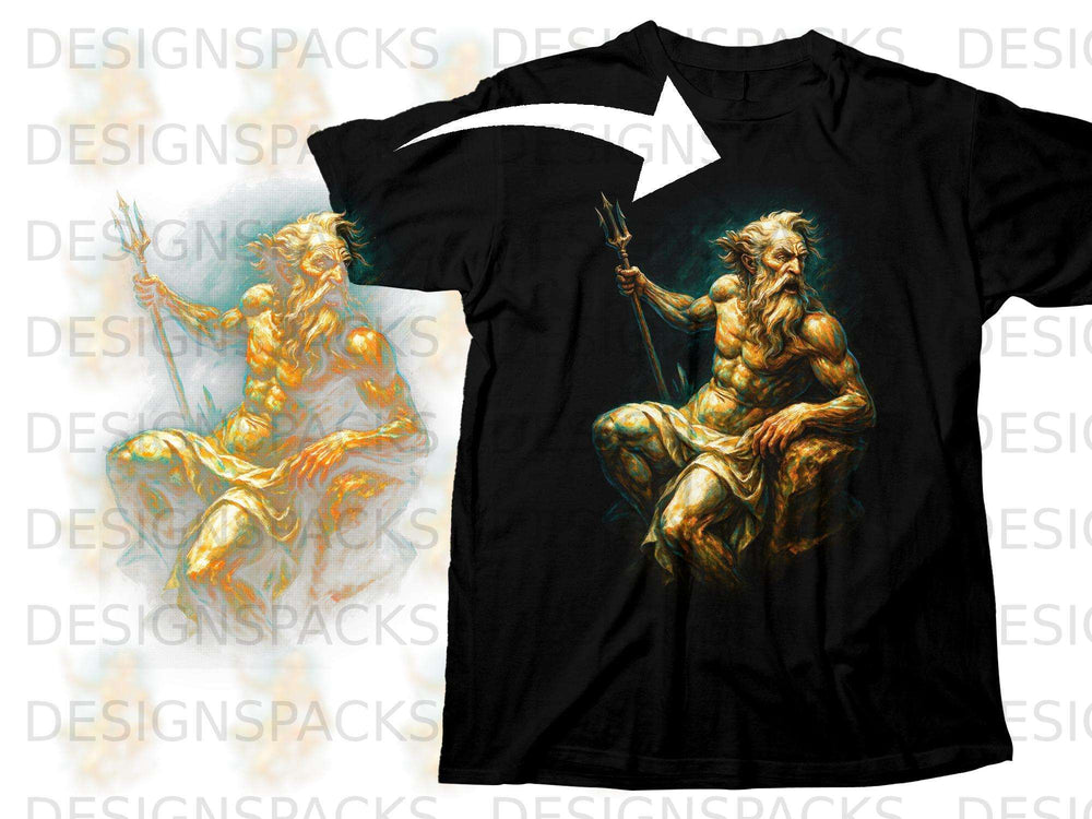 Black t-shirt with a golden illustrated figure of a muscular, bearded man holding a trident.