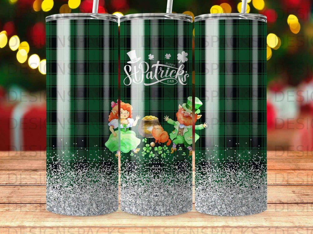 St. Patrick's Day tumbler with leprechauns, pot of gold, and glitter.