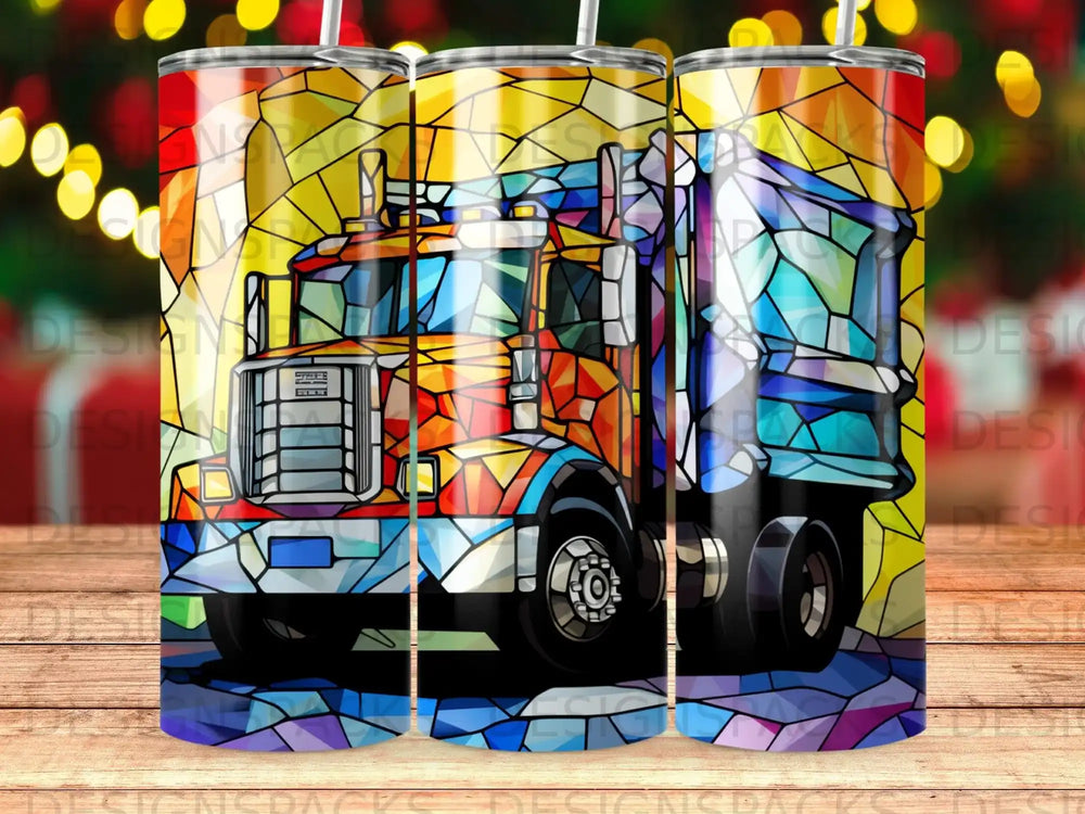 Colorful stained glass truck with yellow and blue accents.
