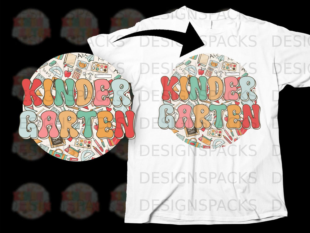 Retro "Kindergarten" text with school supplies on a white t-shirt.
