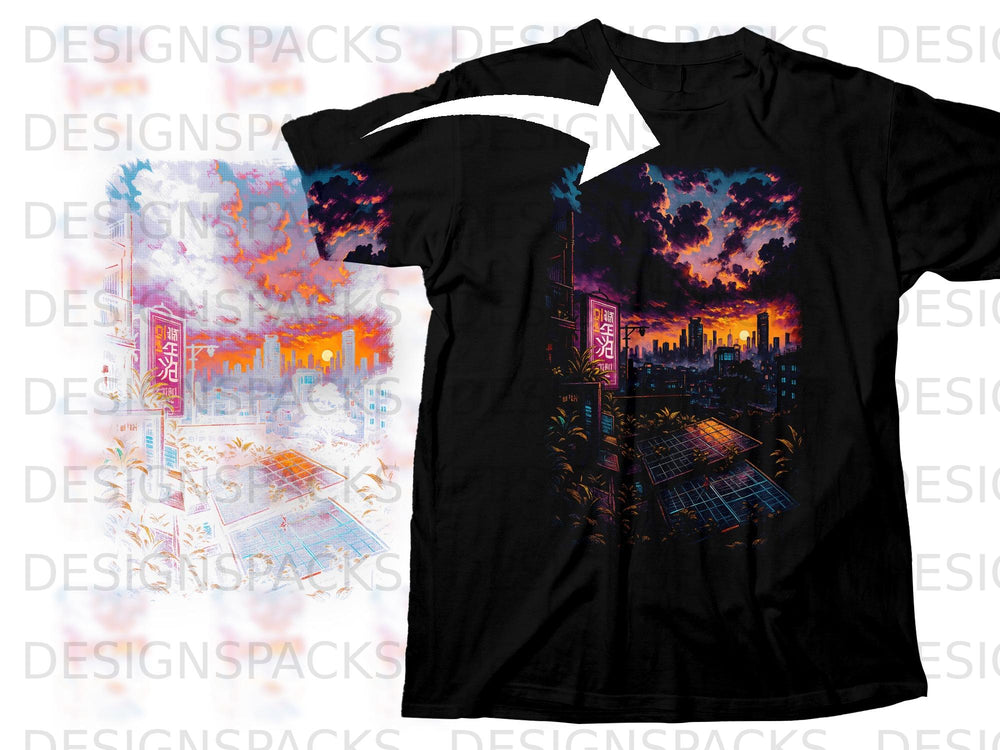 Black t-shirt with a vibrant anime-style cityscape at sunset with solar panels.