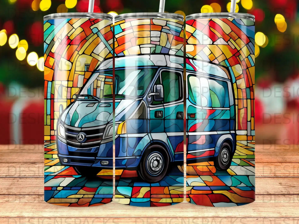 Blue van with stained-glass window background, abstract pattern.