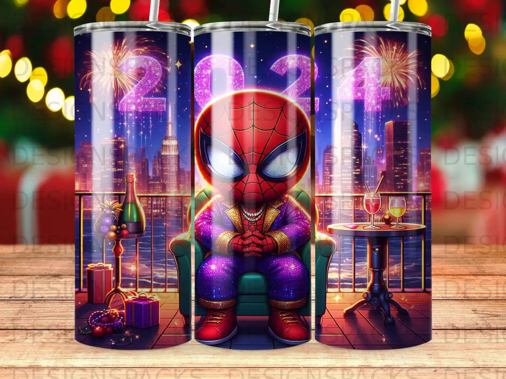 Spiderman in a suit sitting in a chair with fireworks and city skyline.