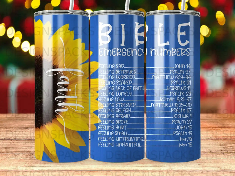Bible tumbler with "Faith" and "Emergency Numbers" list with scripture references.