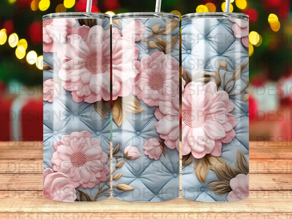 Triptych of tumblers with pale pink floral and quilted texture design.