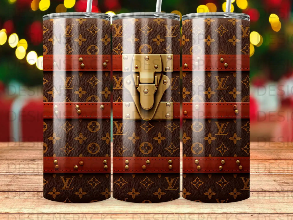 Tumbler with brown Louis Vuitton monogram pattern and gold buckle detail.