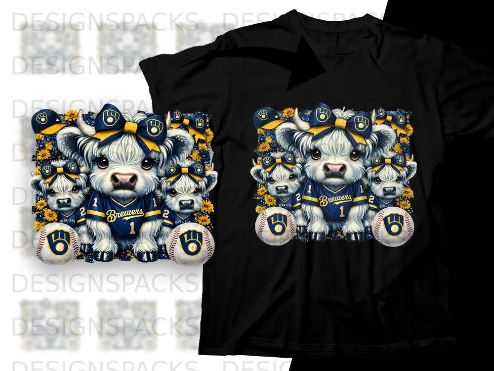 Milwaukee Brewers cow cubs with baseballs on a t-shirt mockup.