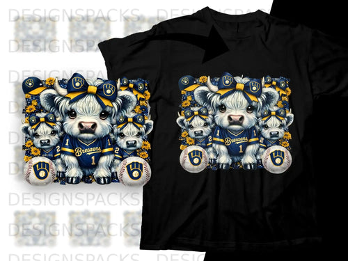 Milwaukee Brewers cow cubs with baseballs on a t-shirt mockup.