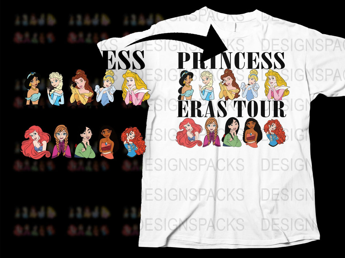Princess Tour T-Shirt, Disney Princess Characters, Kids Women Tee, Graphic Full Color Print, Feminine Fashion Top, Casual Wear