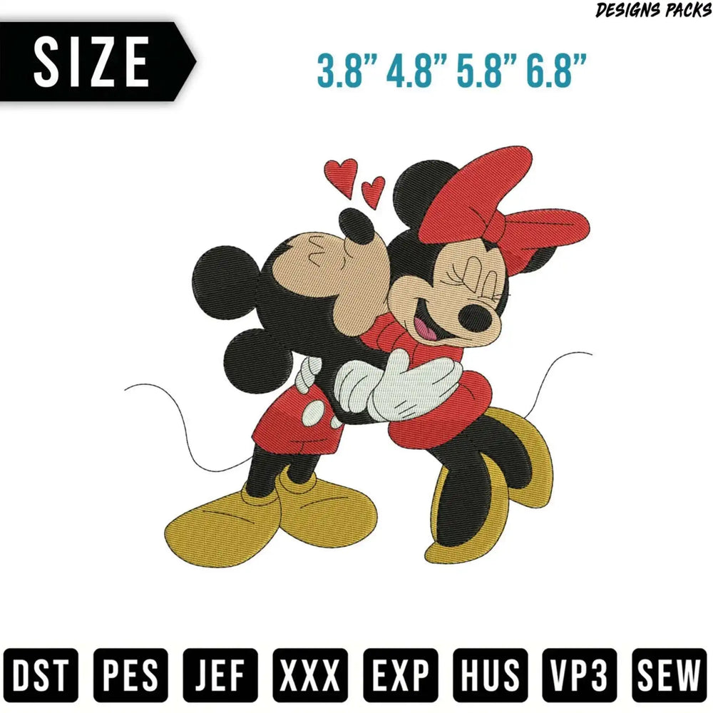 Mickey Mouse kissing Minnie Mouse, with size and file format options.