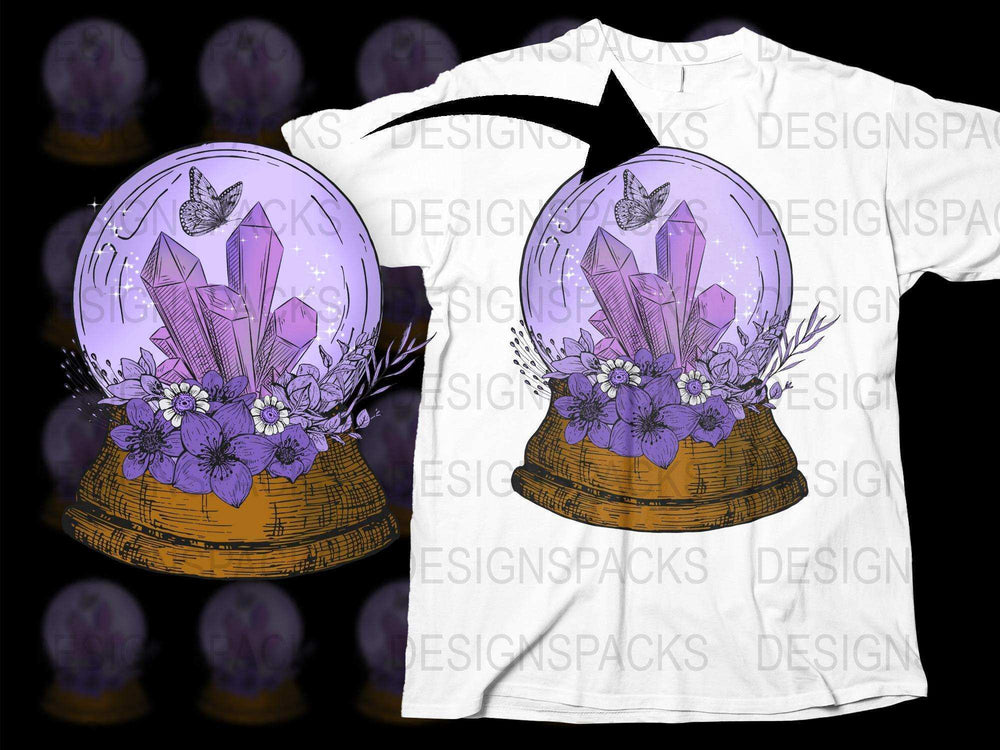 Crystal Snow Globe T-Shirt, Purple Amethyst Design, Floral Magic Tee, Mystical Graphic Shirt
