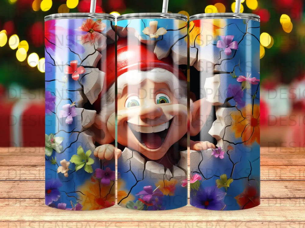 Happy gnome emerging from a cracked blue background with flowers.