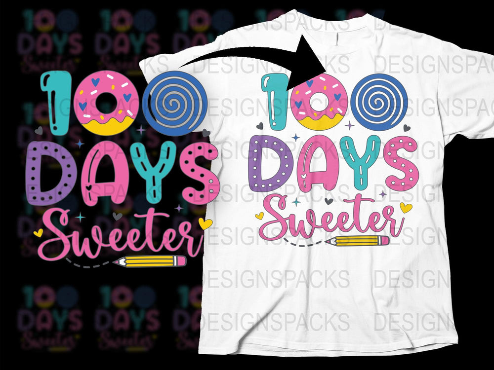 100 Days Sweeter T-Shirt, Colorful Donut and Lollipop Graphic Tee, Cute Teacher Shirt
