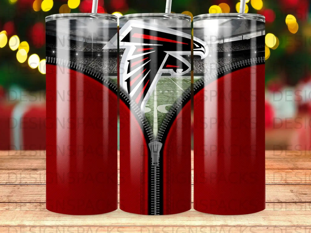 Atlanta Falcons logo on a zippered tumbler with stadium background.
