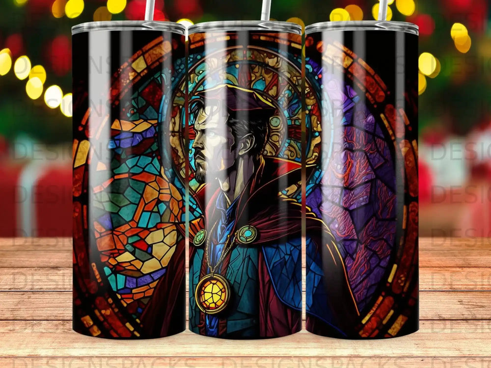 Stained glass style portrait of Doctor Strange with cape and amulet.