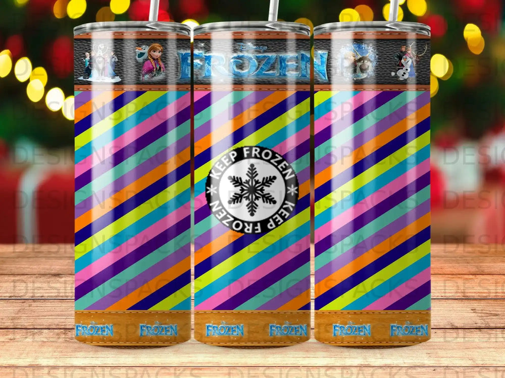 Frozen Elsa and Anna on a colorful striped tumbler.