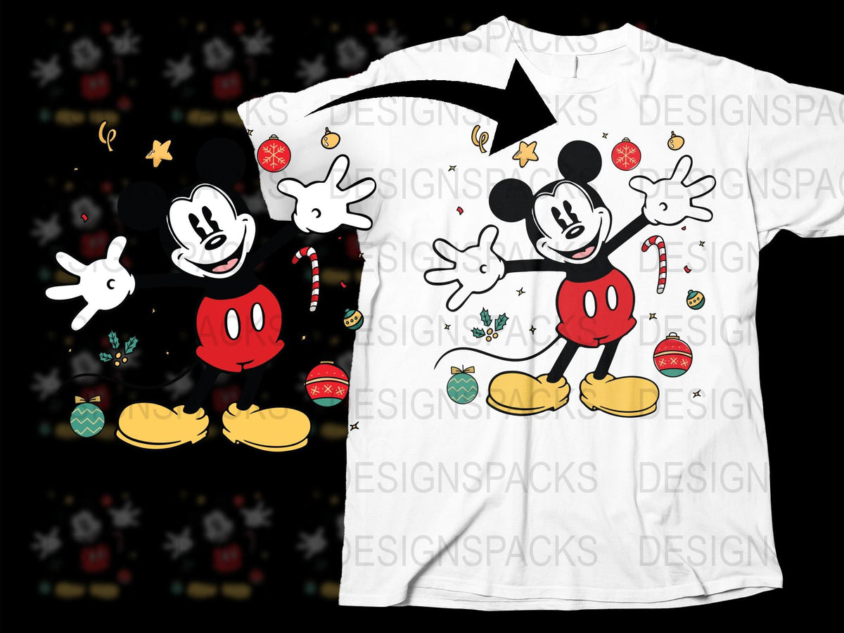 Festive Mickey Mouse Themed T-Shirt, Holiday Cartoon Character Apparel, Kids and Adults Christmas Tee
