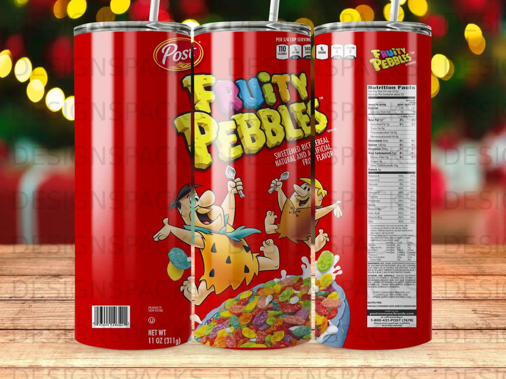 Post Fruity Pebbles cereal with cartoon characters and nutritional information.