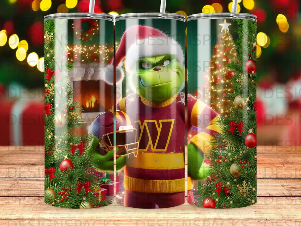 The Grinch wearing a Washington Commanders jersey and holding a football.