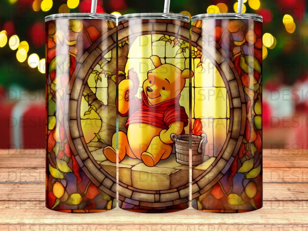 Winnie the Pooh sitting with honey pot in stained glass window.