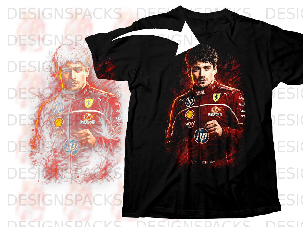 Black t-shirt with artwork of Charles Leclerc in racing suit.