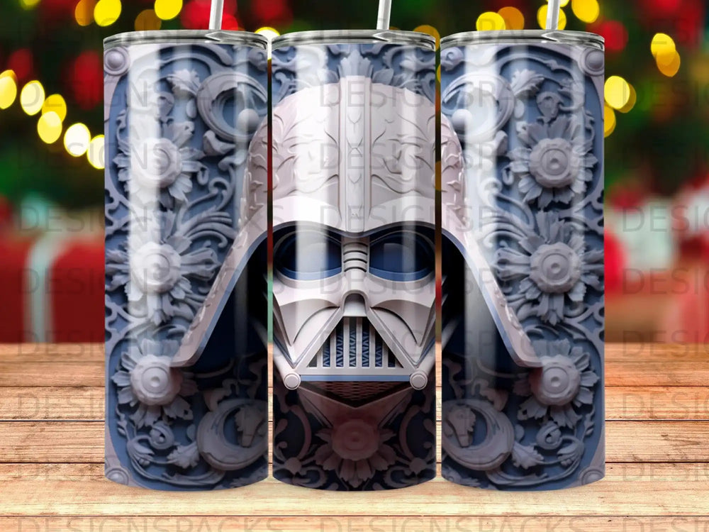 Darth Vader's helmet detailed in ornate blue and white relief on a tumbler.