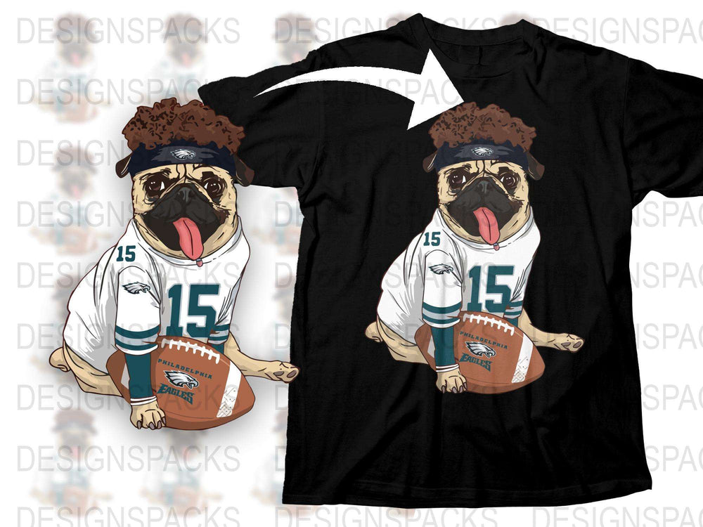 Cute Pug Football T-Shirt, Sports Fan Tee, Cartoon Dog in Jersey, Gift for Pet Lovers, Unisex Clothing