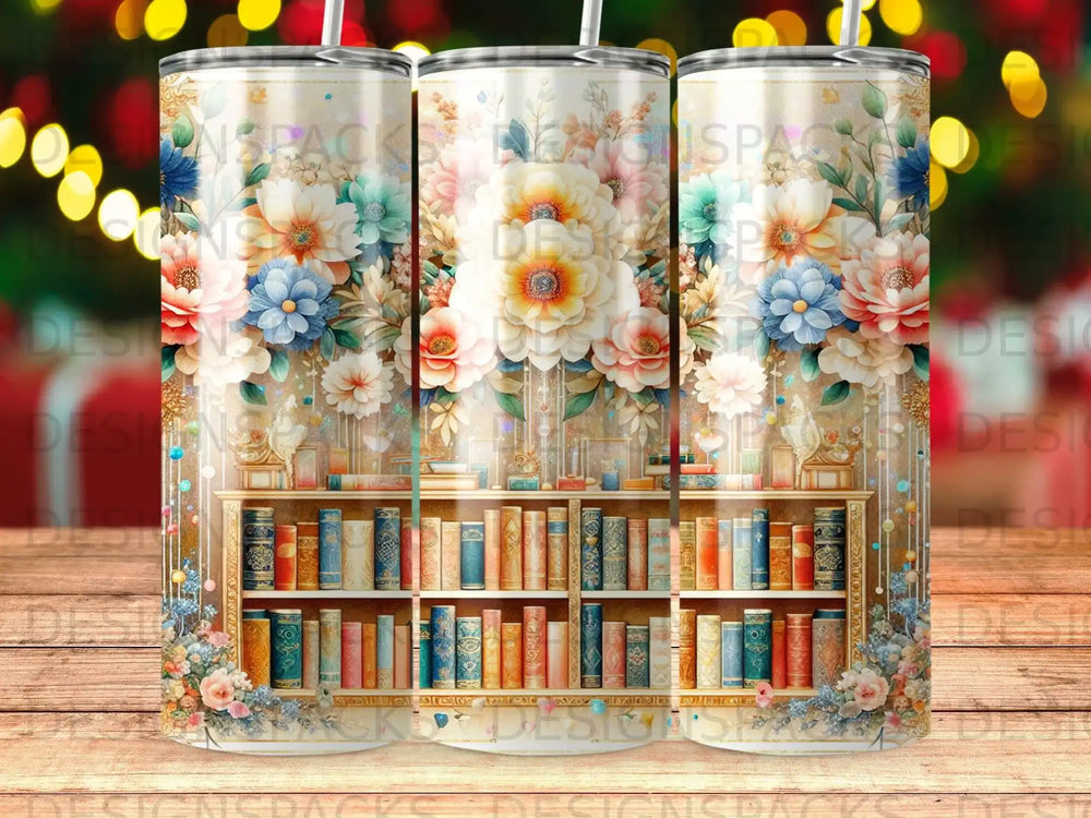 Floral bookshelf pattern on a three tumbler mockup with bokeh background.