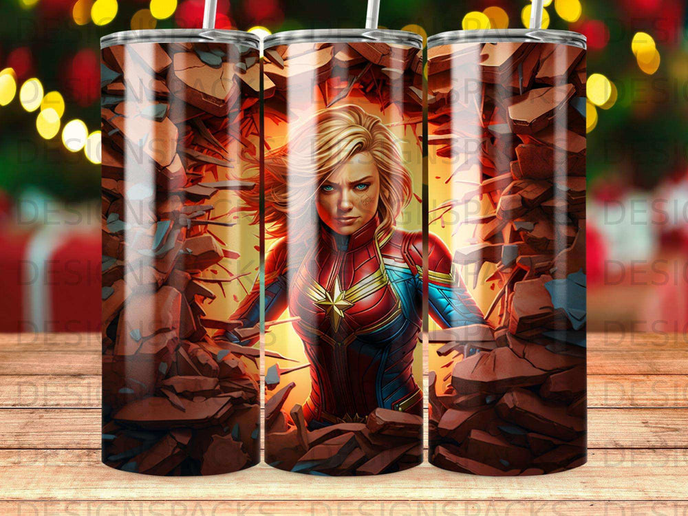 Captain Marvel emerging from a broken wall, bright lights in background.