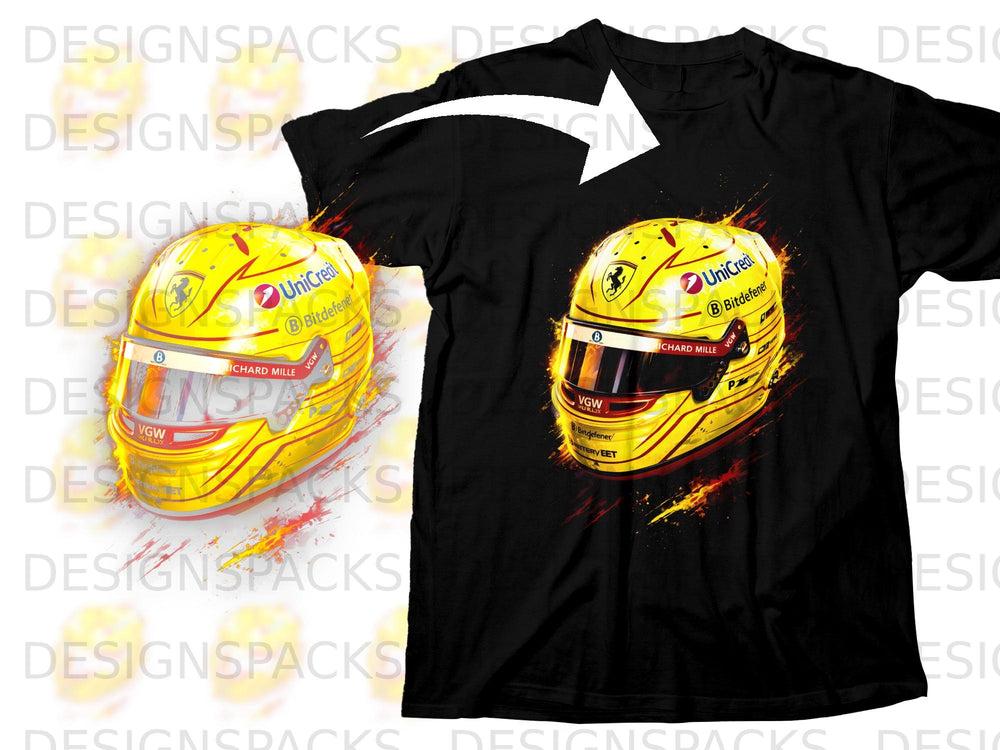 Black t-shirt featuring a yellow racing helmet graphic with "UniCredit" and "Bitdefender" logos.