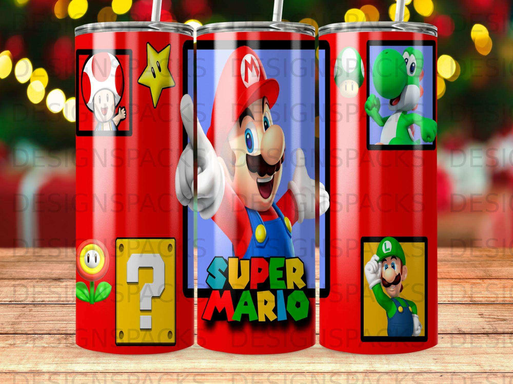 Mario and Luigi characters from Super Mario on a red tumbler.