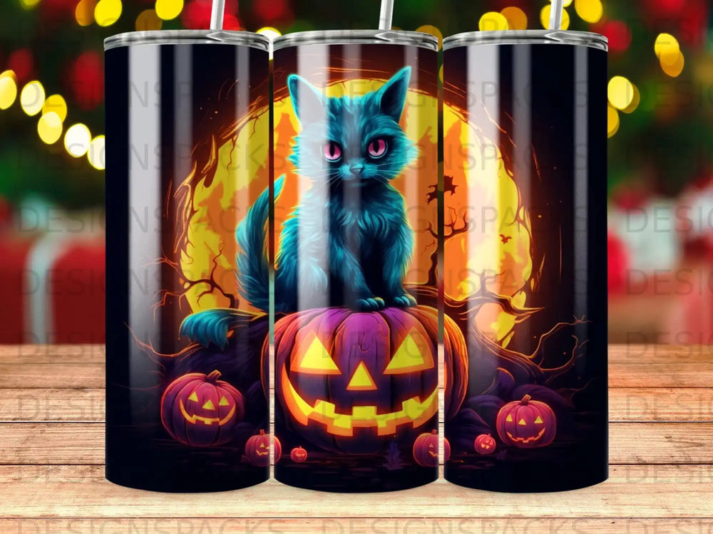 Black cat sits on a glowing jack-o'-lantern with Halloween pumpkins.
