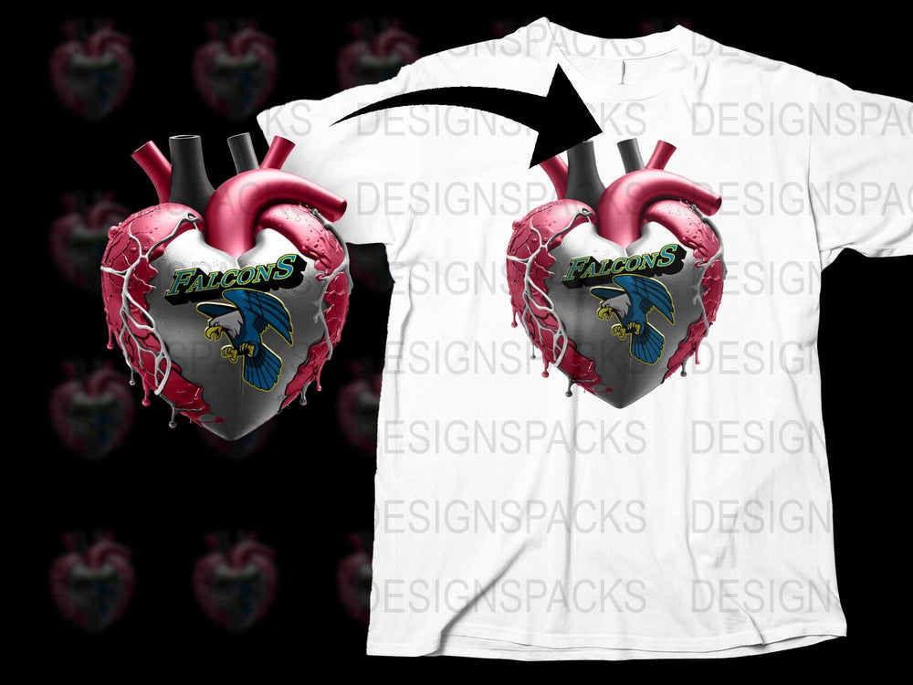 Falcons Heart Graphic T-Shirt, Anatomical Heart Design, Sports Team Apparel, Casual Wear