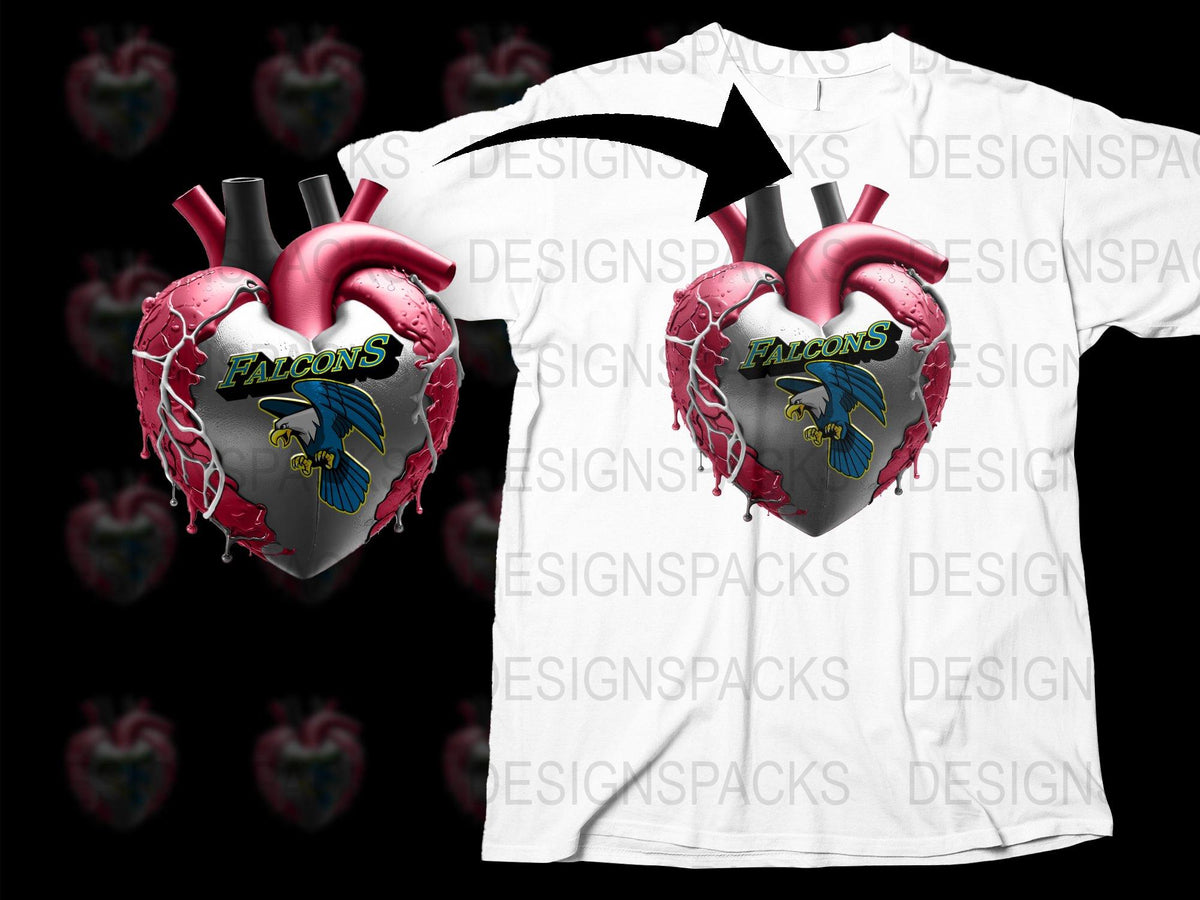 Falcons Heart Graphic T-Shirt, Anatomical Heart Design, Sports Team Apparel, Casual Wear