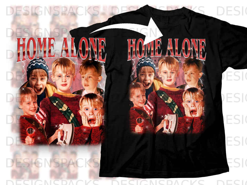 Home Alone movie graphic with characters and lightning on a black t-shirt.