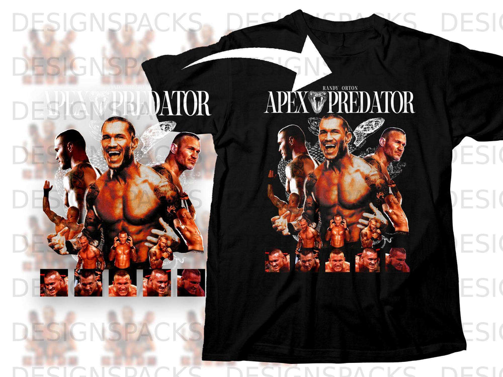 Randy Orton Apex Predator graphic t-shirt with wrestler's portraits.
