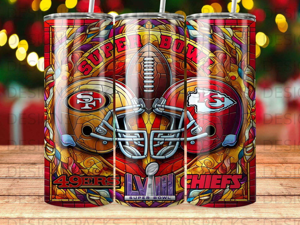 Super Bowl LIV stained glass design with 49ers and Chiefs helmets.
