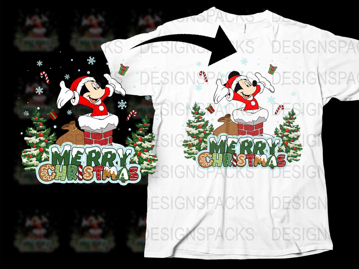 Festive Christmas T-Shirt with Cartoon Mouse, Santa Outfit, Holiday Apparel, Merry Christmas Graphic Tee, Unisex Adult Clothing