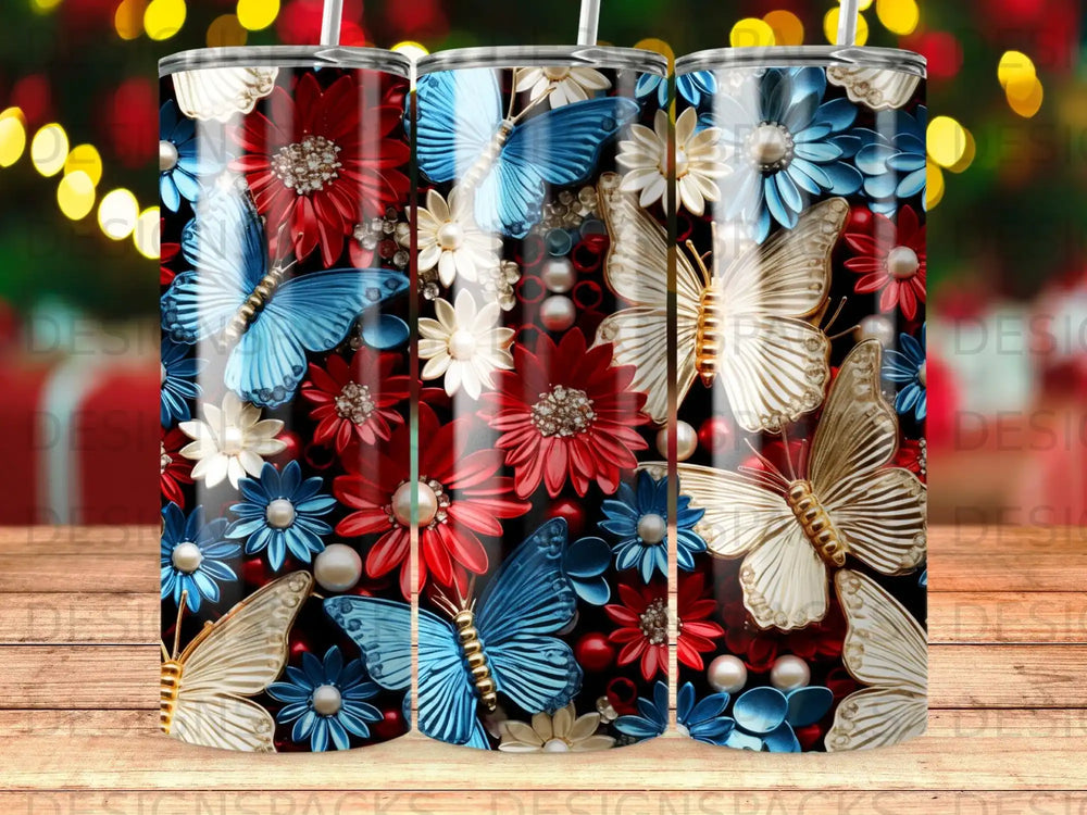 Blue and red butterflies with pearl and flower accents on a dark background.