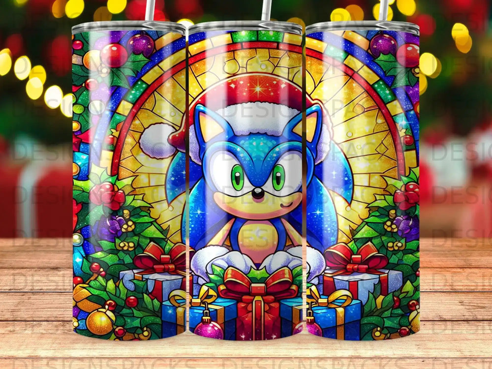 Sonic the Hedgehog in a Santa hat with Christmas gifts and stained glass.