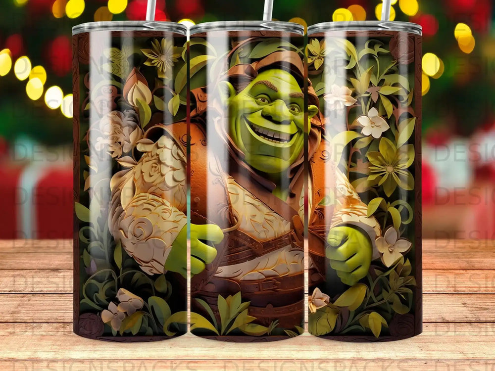 Shrek character on a patterned tumbler with floral and leaf designs.